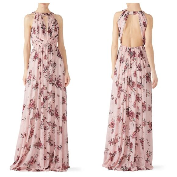 Marchesa Notte Blush Floral Halter Gown Open Back Maxi Dress - Picture 1 of 9